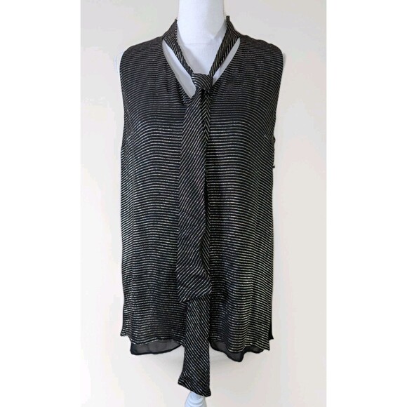 Lafayette 148 New York Tops - Lafayette 148 Silk Blouse Womens M Black Gold Stripe Sleeveless Bow Luxury